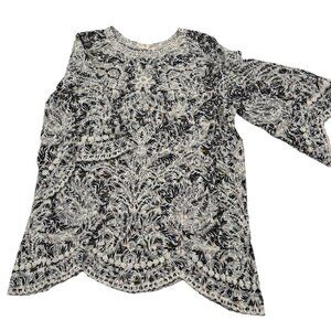 Solitaire Womens Size L Blouse 3/4 Bell Sleeves Floral Print Lightweight Rayon